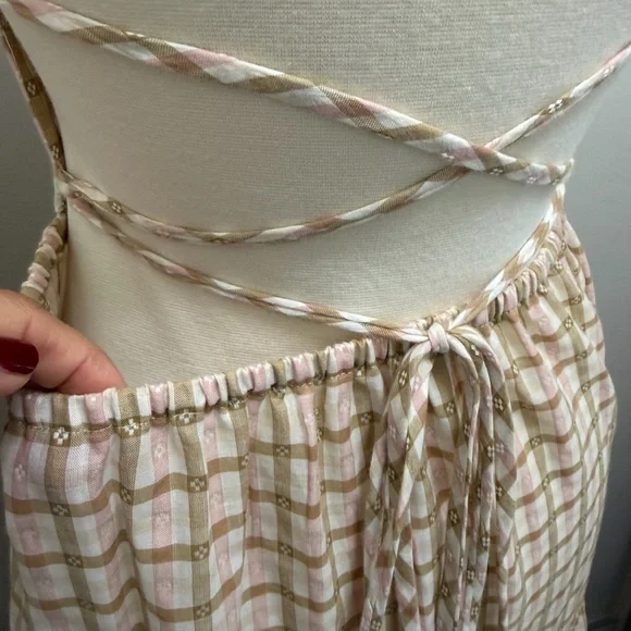 *SOLD*Christy Dawn Delphine Midi Tiered Sun Dress in Snapdragon Gingham Pink Tan - Picture 8 of 11